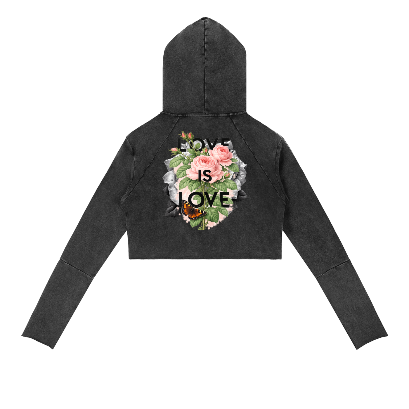 cropped graphic hoodie women,rose and butterfly hoodie,love aesthetic streetwear hood,vintage black cropped hoodie,edgy floral hoodie streetwear,cropped hoodie,women streetwear,vintage wash hoodie,trendy hoodie